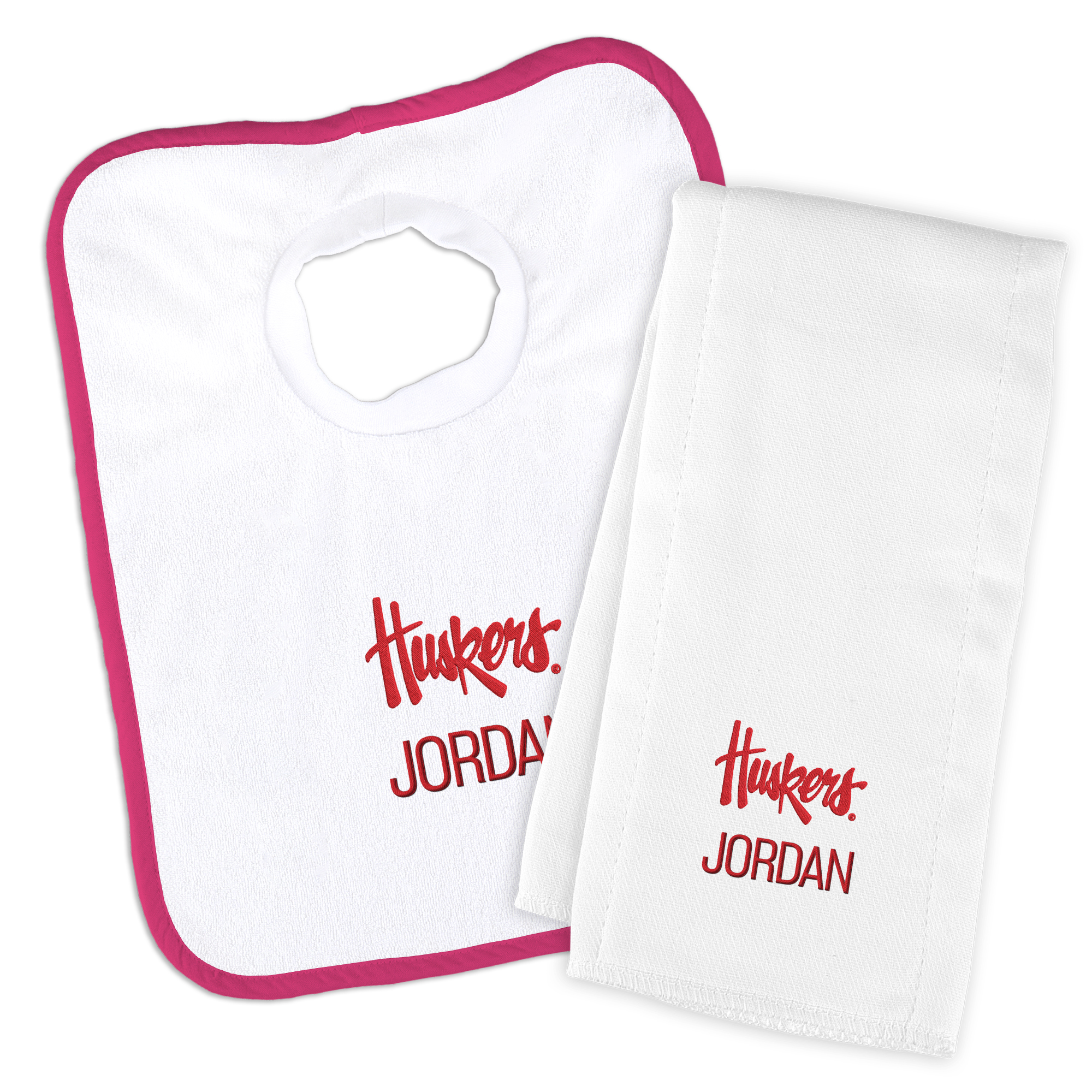 Infant Chad & Jake Nebraska Huskers Team Personalized Bib & Burp Cloth Set