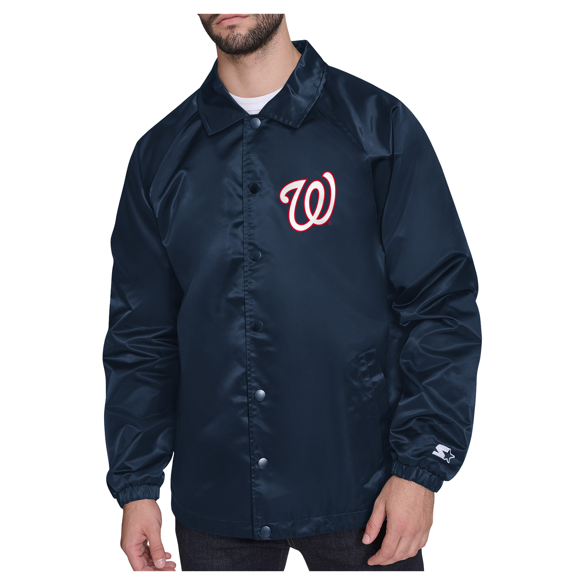 Men's Starter Navy Washington Nationals Shield Logo Raglan Coaches Full-Snap Jacket