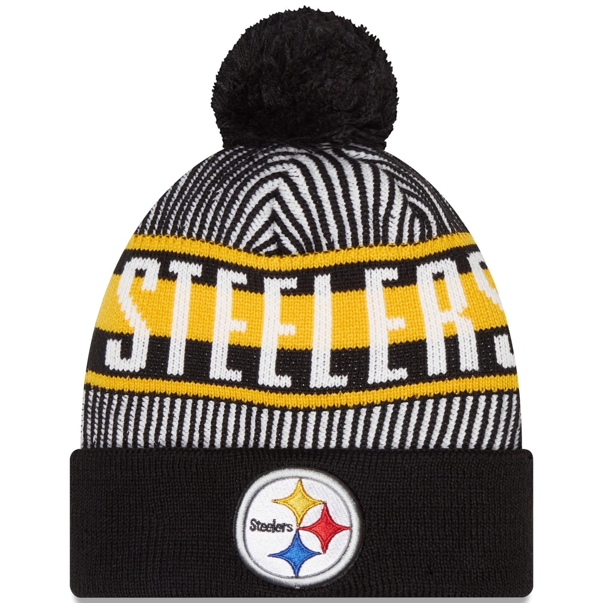 Youth New Era Black Pittsburgh Steelers Striped Cuffed Knit Hat with Pom