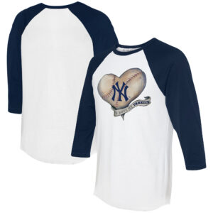 Women's Tiny Turnip  White/Navy New York Yankees Heart Banner 3/4-Sleeve Raglan T-Shirt
