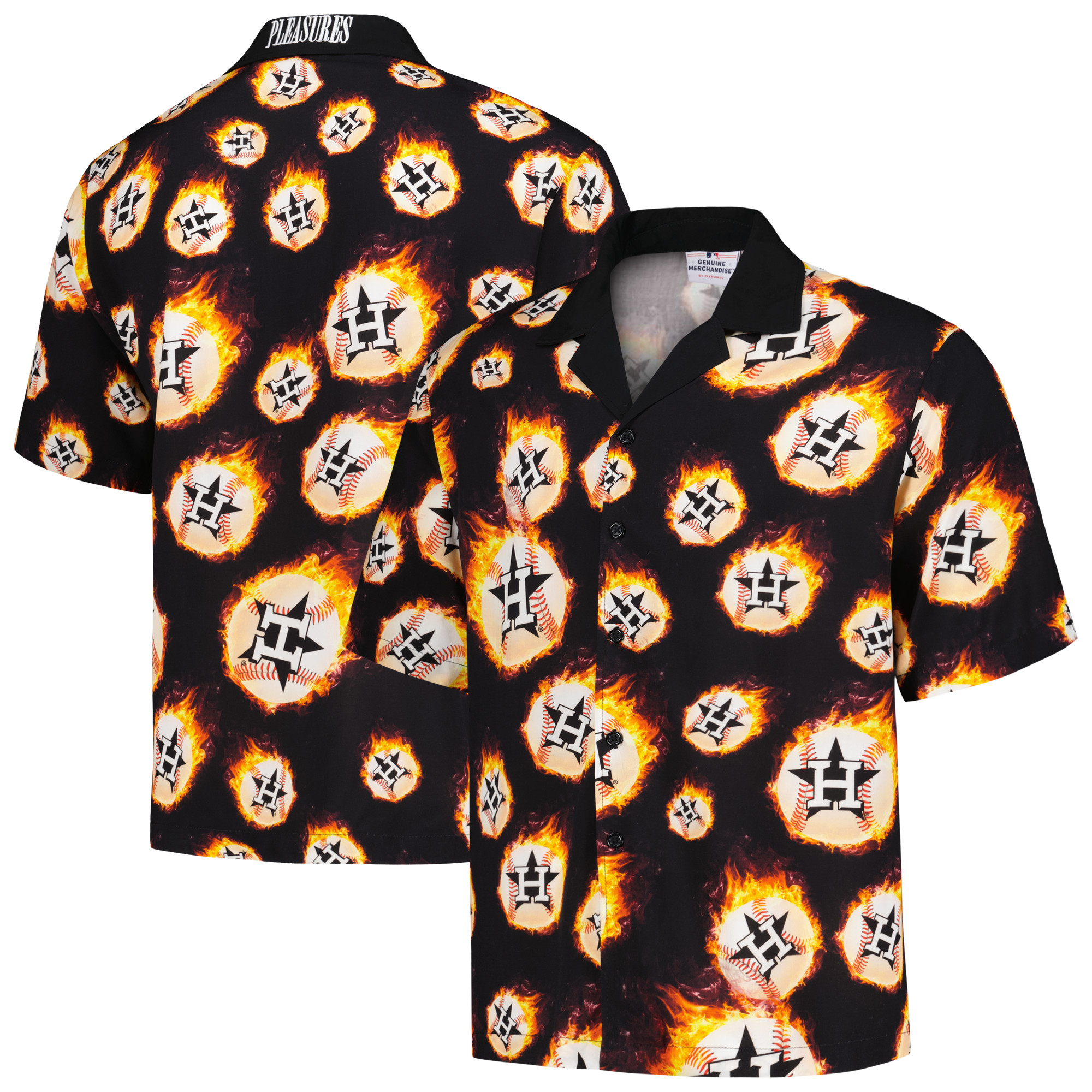 Men's PLEASURES Black Houston Astros Flame Fireball Button-Up Shirt