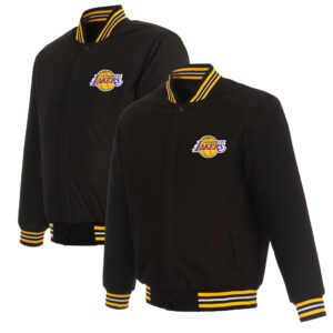 Men's JH Design Black Los Angeles Lakers Reversible Embroidered Wool Full-Snap Jacket