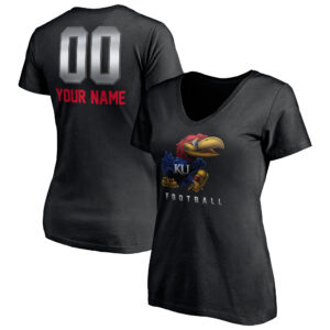 Women's Black Kansas Jayhawks Personalized Any Name & Number Midnight Mascot V-Neck T-Shirt