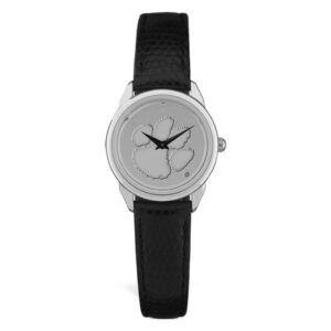 Women's Clemson Tigers Silver Medallion Black Leather Wristwatch