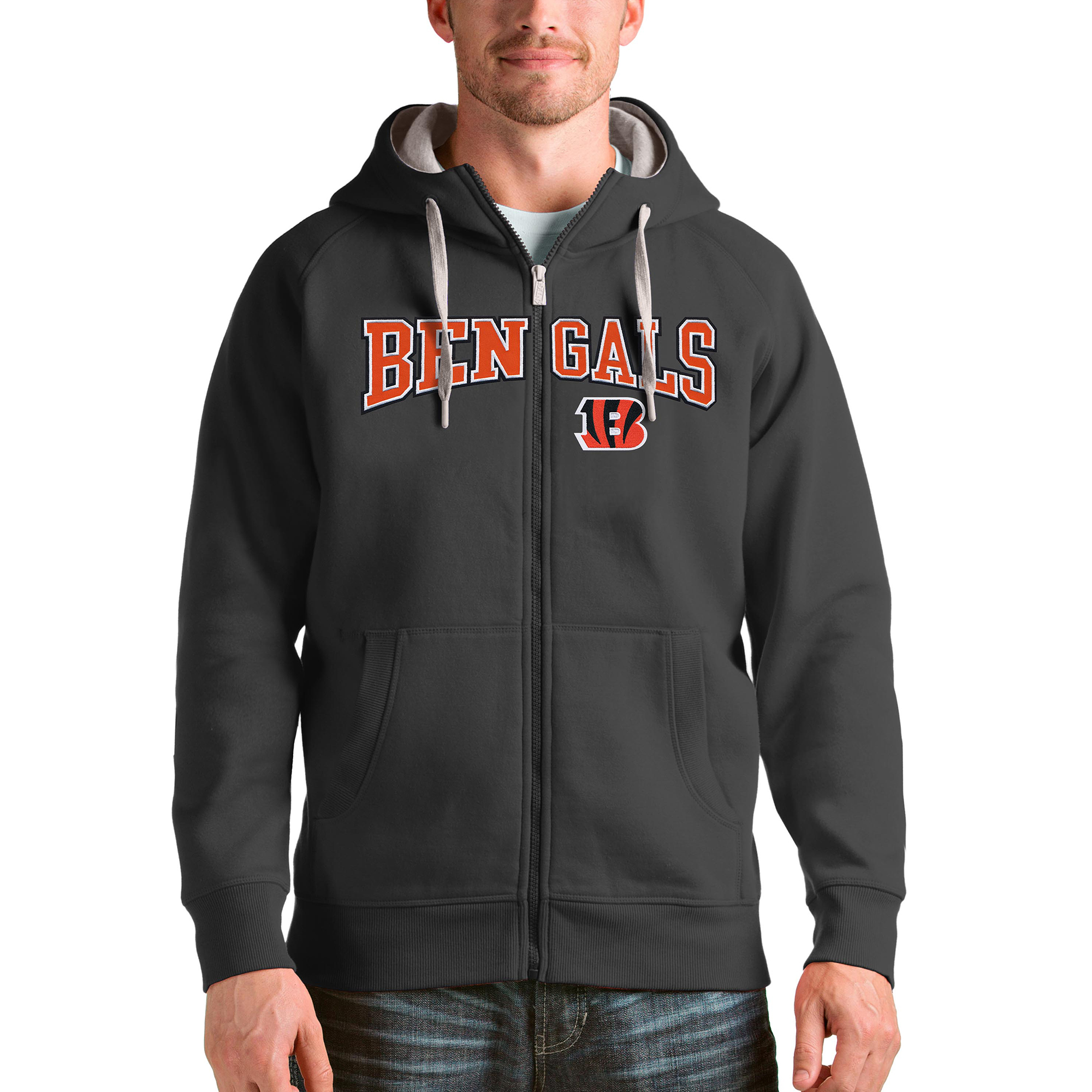 Men's Antigua Charcoal Cincinnati Bengals Wordmark Victory Full-Zip Hoodie