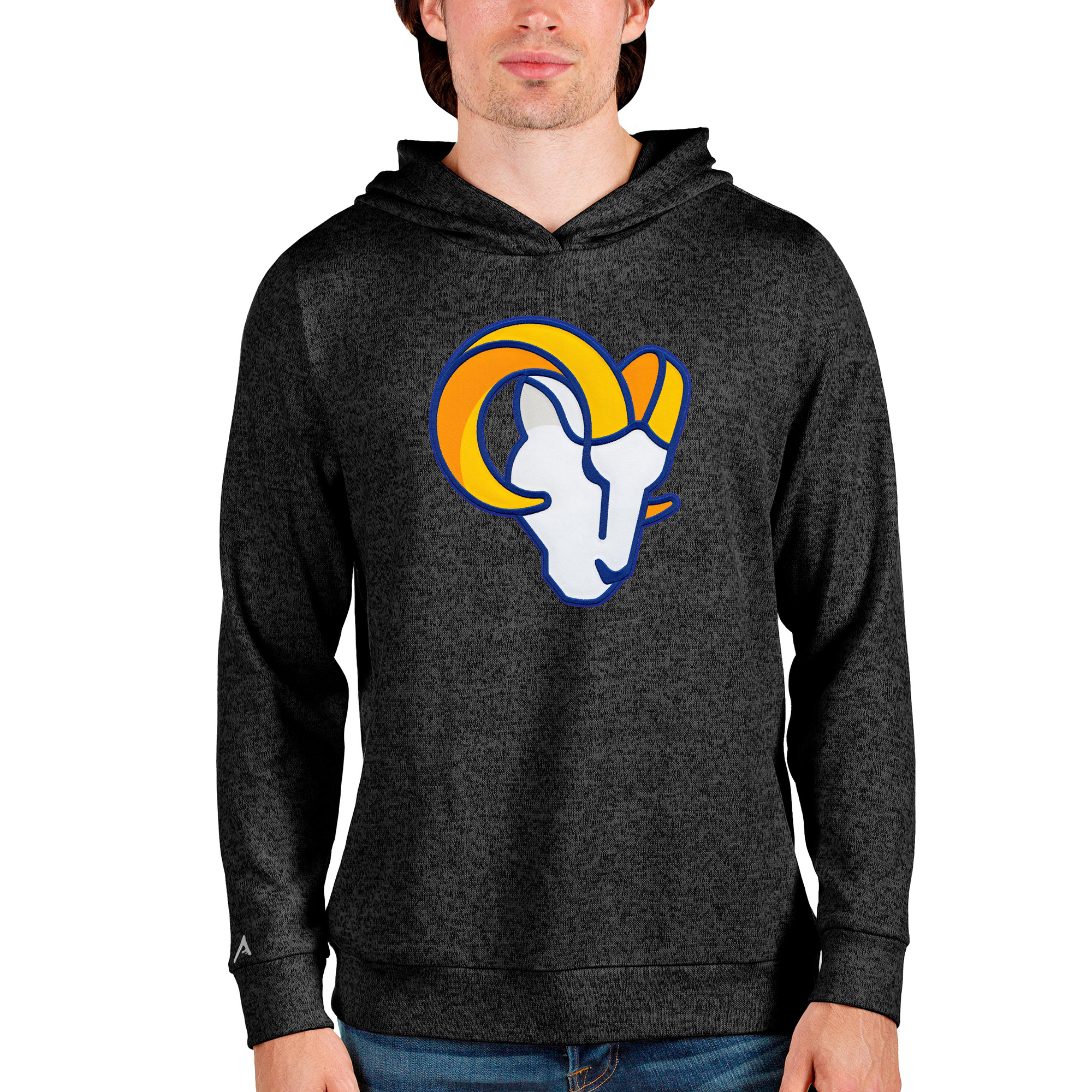 Men's Antigua Heathered Black Los Angeles Rams Team Absolute Pullover Hoodie