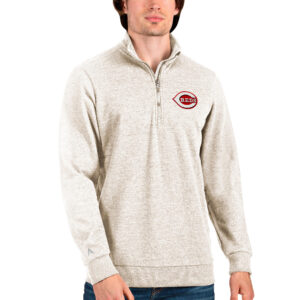 Men's Antigua Oatmeal Cincinnati Reds Action Quarter-Zip Pullover Sweatshirt
