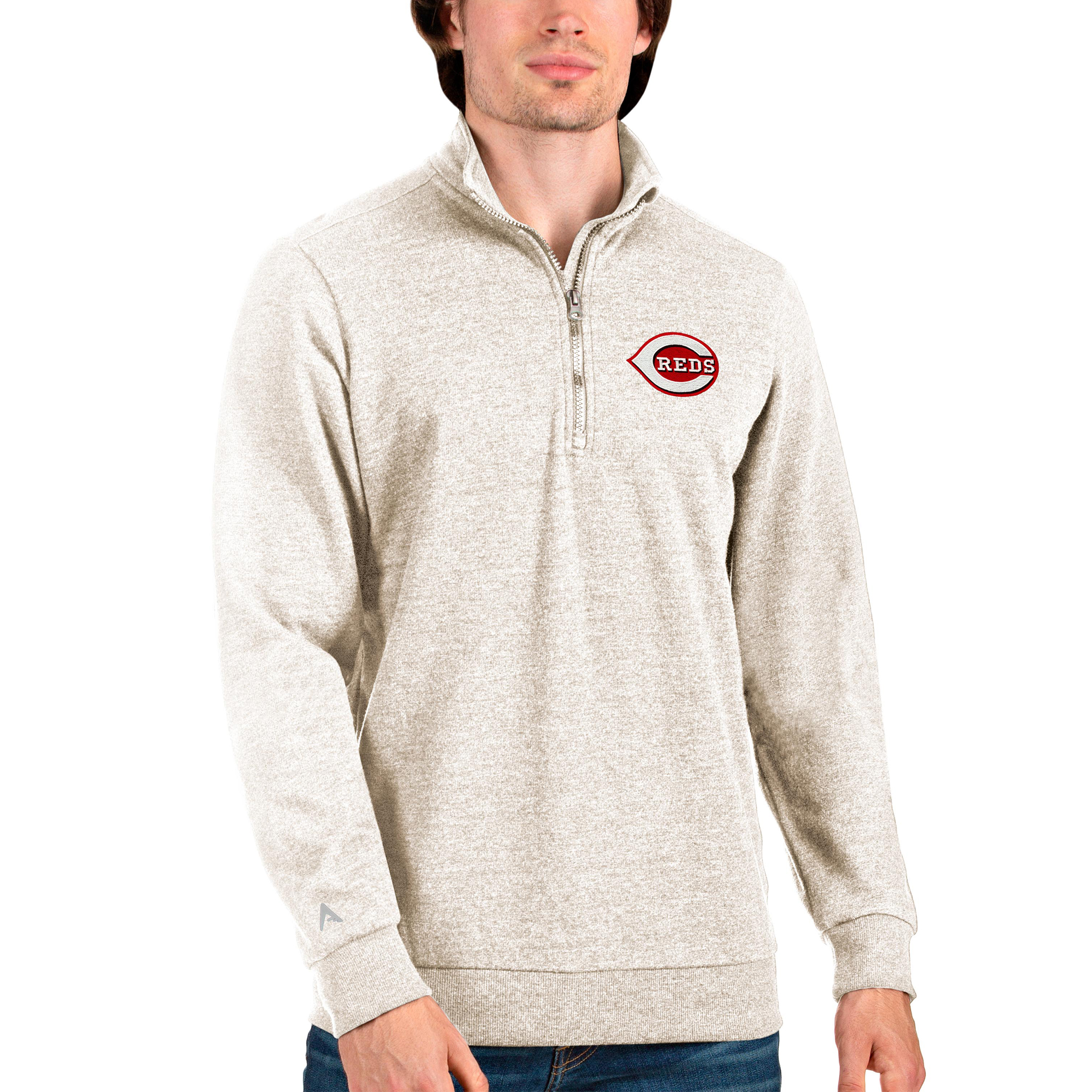Men's Antigua Oatmeal Cincinnati Reds Action Quarter-Zip Pullover Sweatshirt