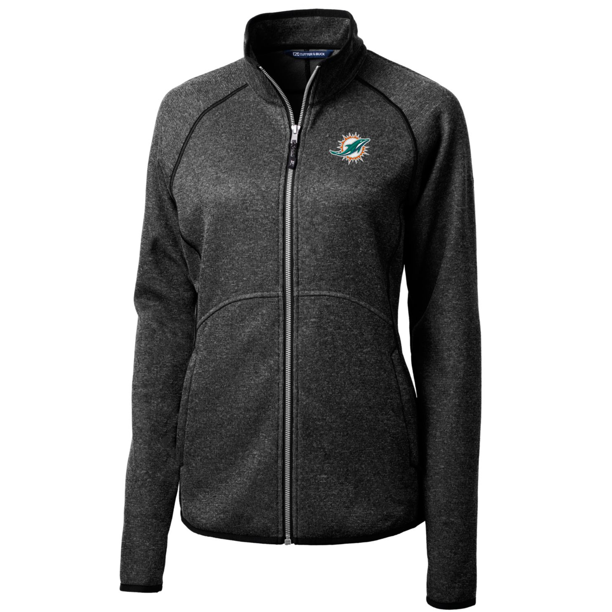 Women's Cutter & Buck Heathered Charcoal Miami Dolphins Mainsail Sweater-Knit Full-Zip Jacket