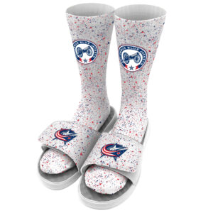 Youth ISlide White Columbus Blue Jackets Speckle Socks & Slide Sandals Bundle