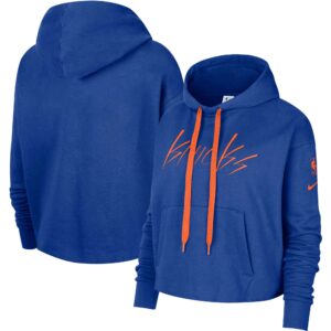 Women's Nike Blue New York Knicks Split Flip Courtside Cropped Pullover Hoodie