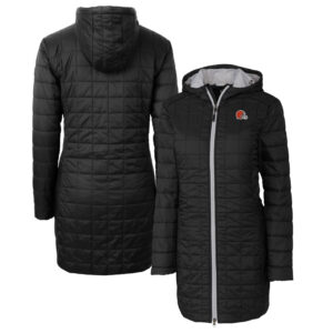 Women's Cutter & Buck Black Cleveland Browns Rainier Primaloft Eco Hooded Long Lightweight Coat