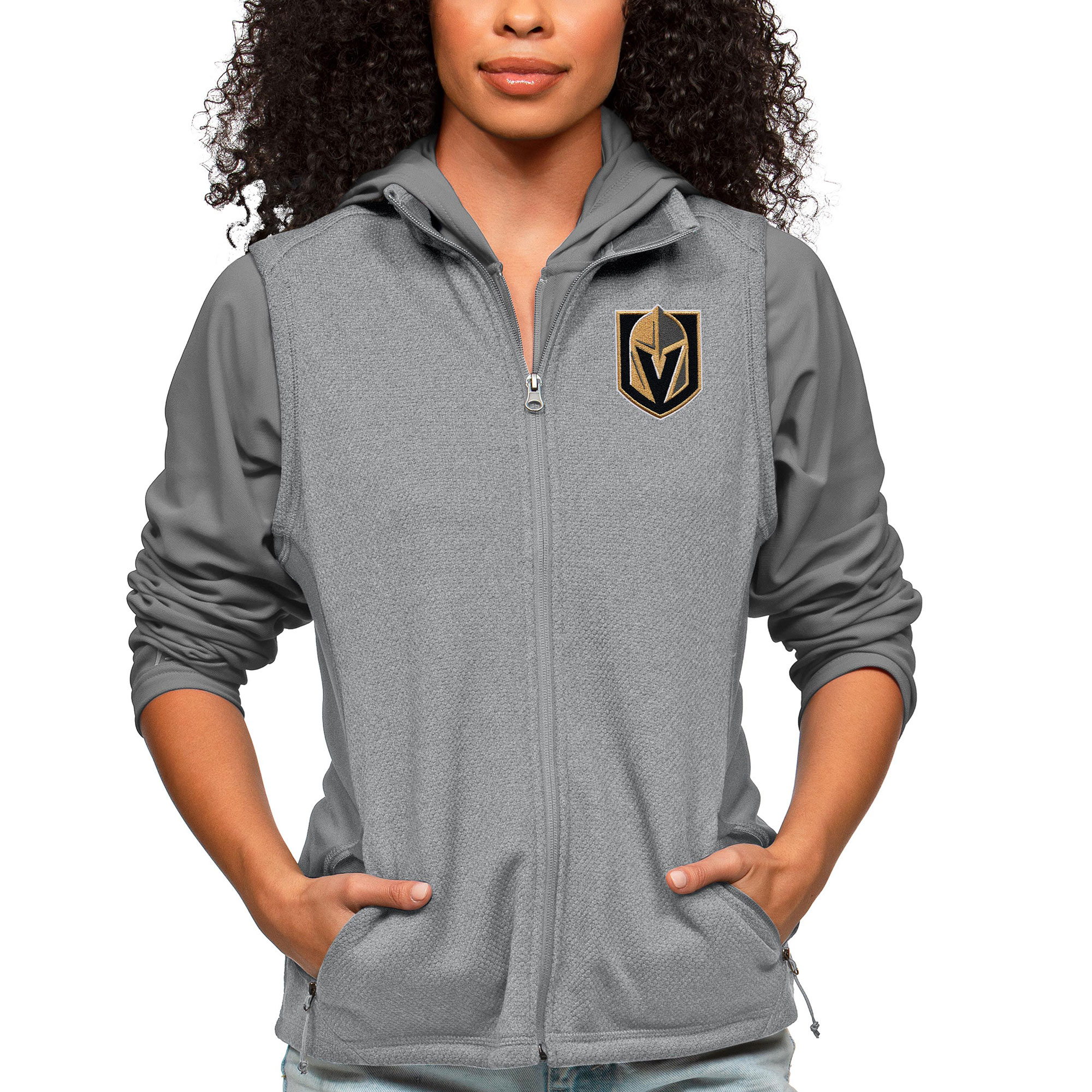 Women's Antigua Heather Gray Vegas Golden Knights Primary Logo Course Full-Zip Vest