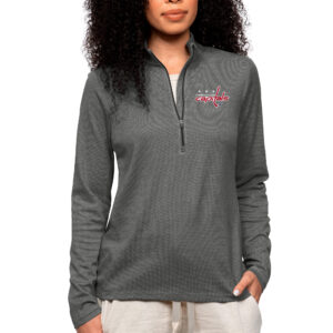 Women's Antigua Heather Charcoal Washington Capitals Primary Logo Epic Quarter-Zip Pullover Top