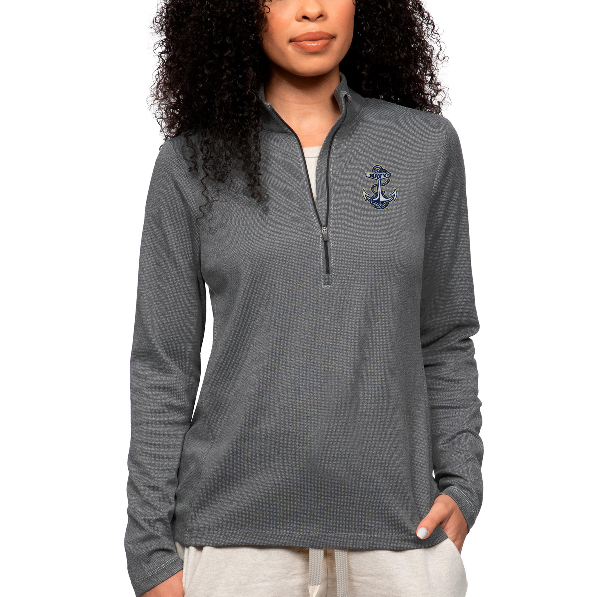 Women's Antigua Heather Charcoal Navy Midshipmen Epic Quarter-Zip Pullover Top