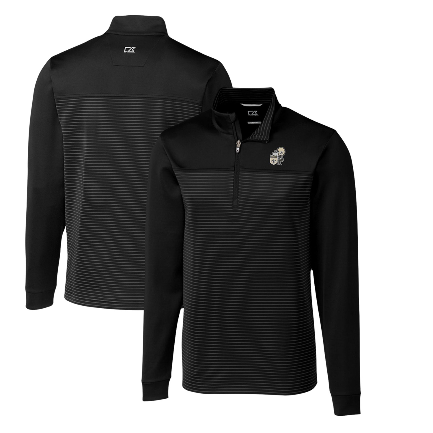Men's Cutter & Buck Black New Orleans Saints Throwback Logo Traverse Stripe Stretch Quarter-Zip Pullover Top