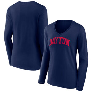 Women's Navy Dayton Flyers Basic Arch Long Sleeve V-Neck T-Shirt