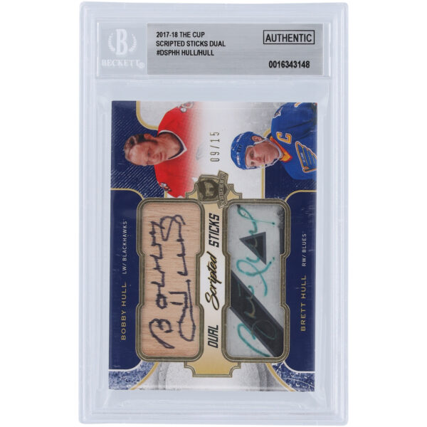 Bobby Hull Chicago Blackhawks and Brett Hull St. Louis Blues Autographed 2017-18 Upper Deck The Cup Dual Stick Relic #DSP-HH #9/15 BGS Authenticated Card