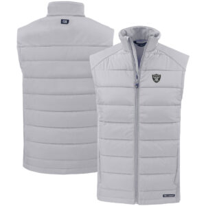 Men's Cutter & Buck Gray Las Vegas Raiders Primary Mark Evoke PrimaLoft Hybrid Eco Softshell Recycled Full-Zip Vest