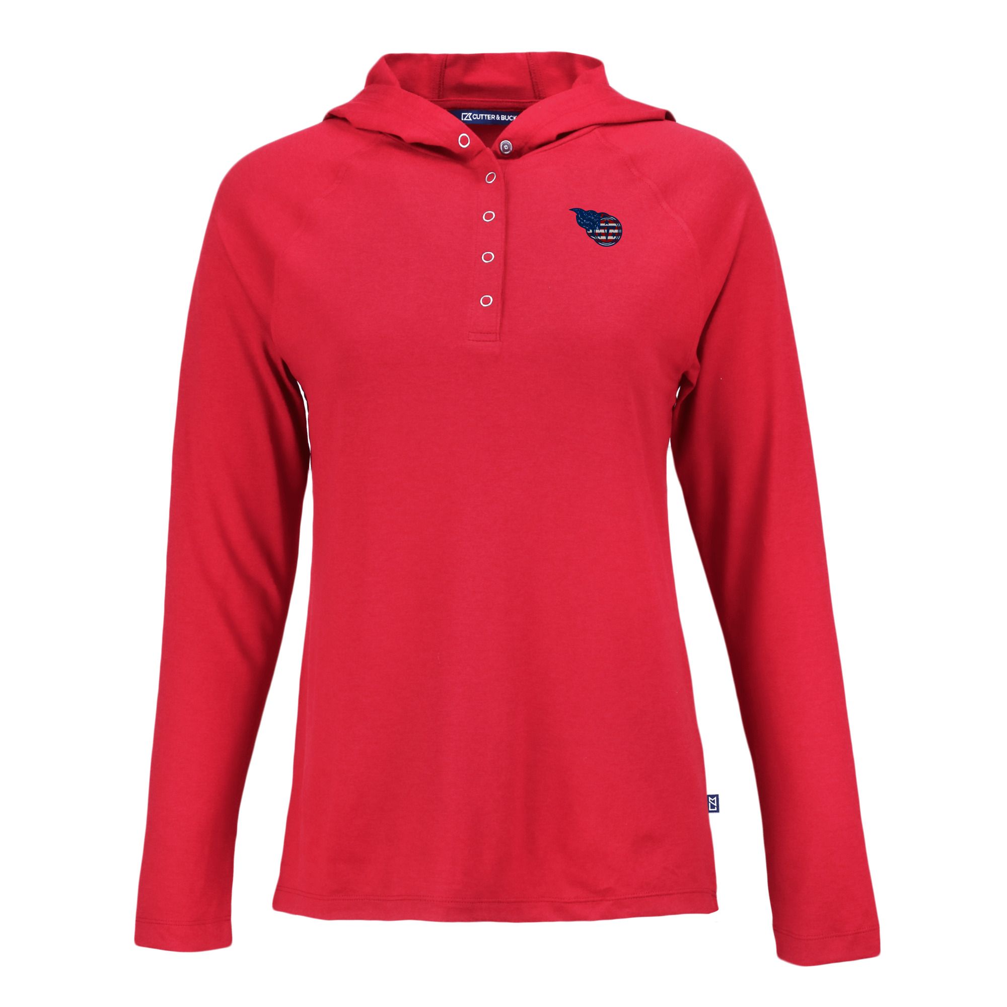 Women's Cutter & Buck Red Tennessee Titans Americana Coastline Epic Comfort Eco Recycled Raglan Pullover Hoodie - Image 3