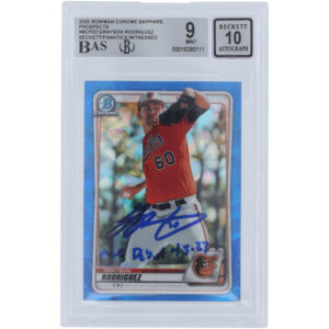 Grayson Rodriguez Baltimore Orioles Autographed 2020 Bowman Chrome Prospects Sapphire #BCP-22 Beckett Fanatics Witnessed Authenticated 9/10 Card with "MLB Debut 4-5-23" Inscription