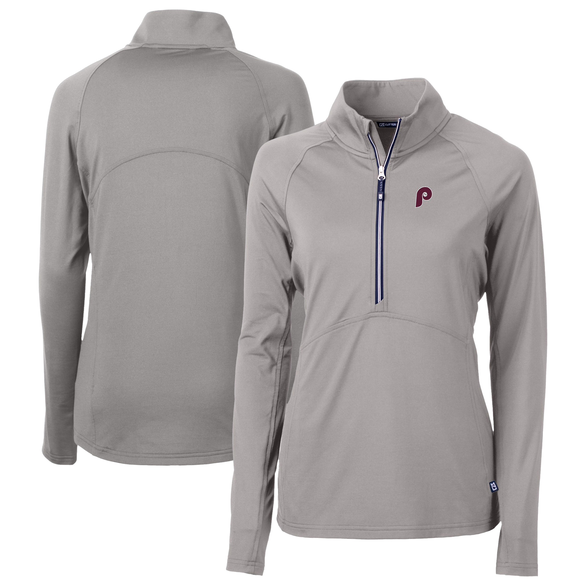 Women's Cutter & Buck Gray Philadelphia Phillies Cooperstown Collection DryTec Adapt Eco Knit Stretch Recycled Raglan Half-Zip Top