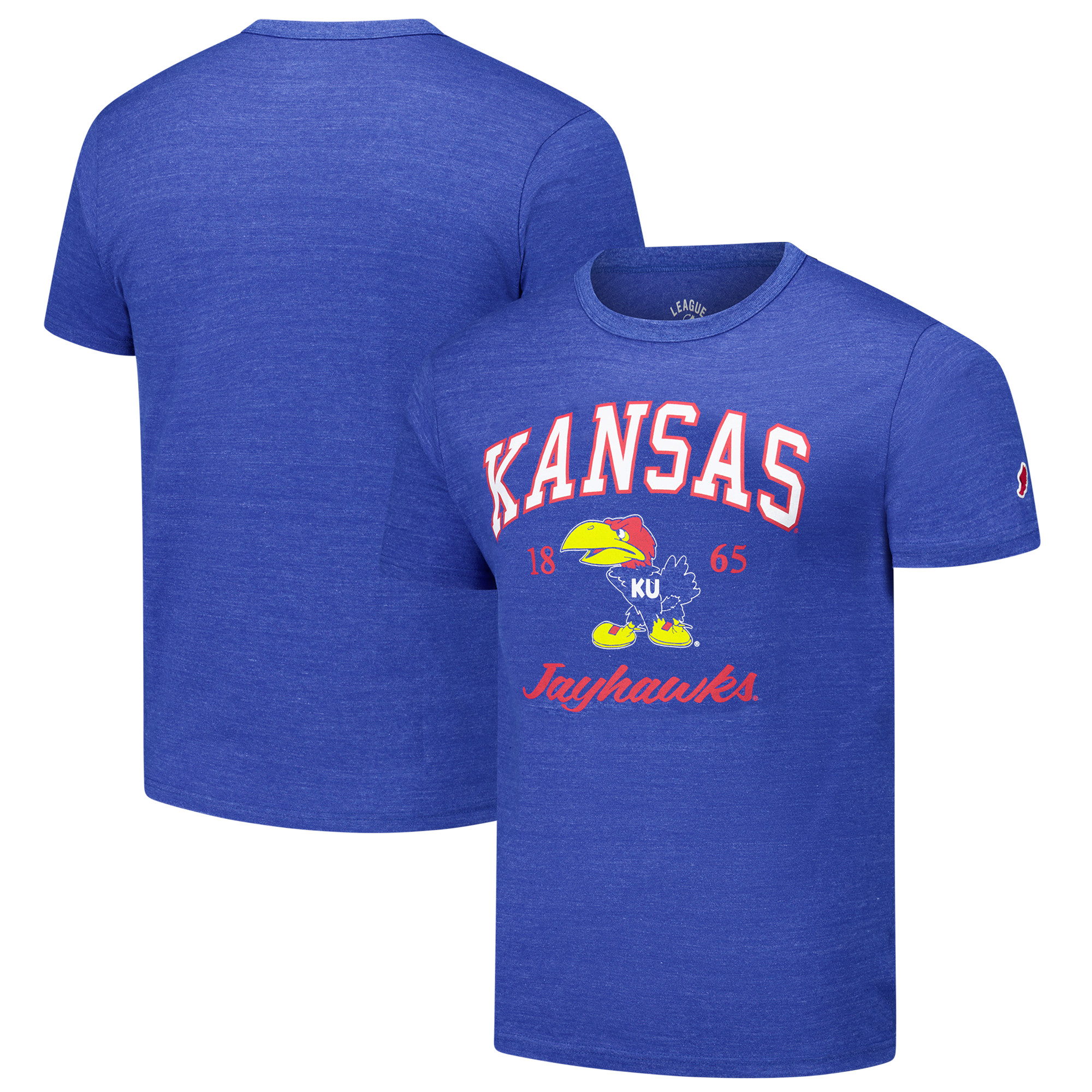 Men's League Collegiate Wear Heather Royal Kansas Jayhawks Arch Script Victory Falls Tri-Blend T-Shirt