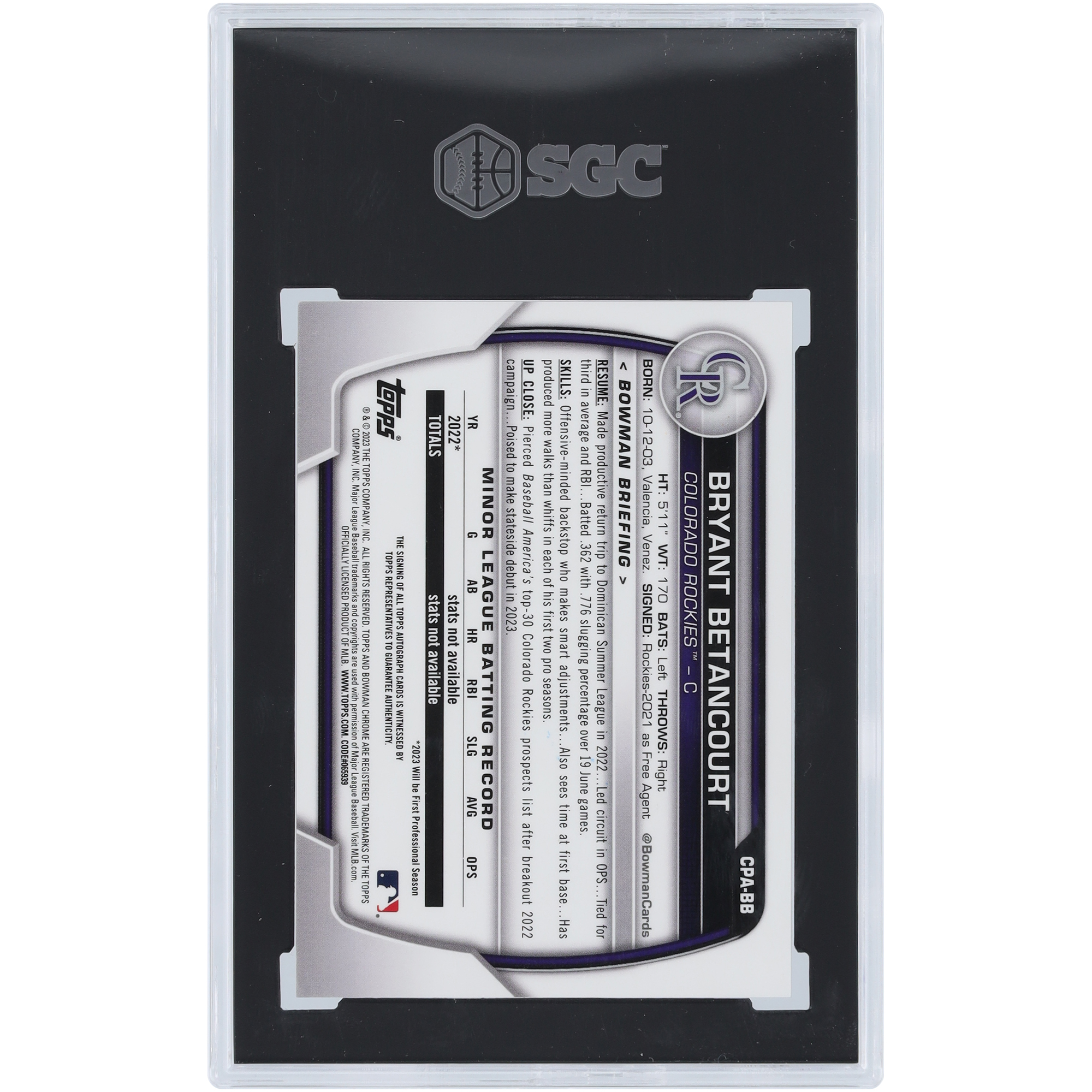 Bryant Betancourt Colorado Rockies Autographed 2023 Bowman Chrome Speckle Refractor #CPA-BB #116/299 SGC Authenticated 9.5/10 Card - Image 3