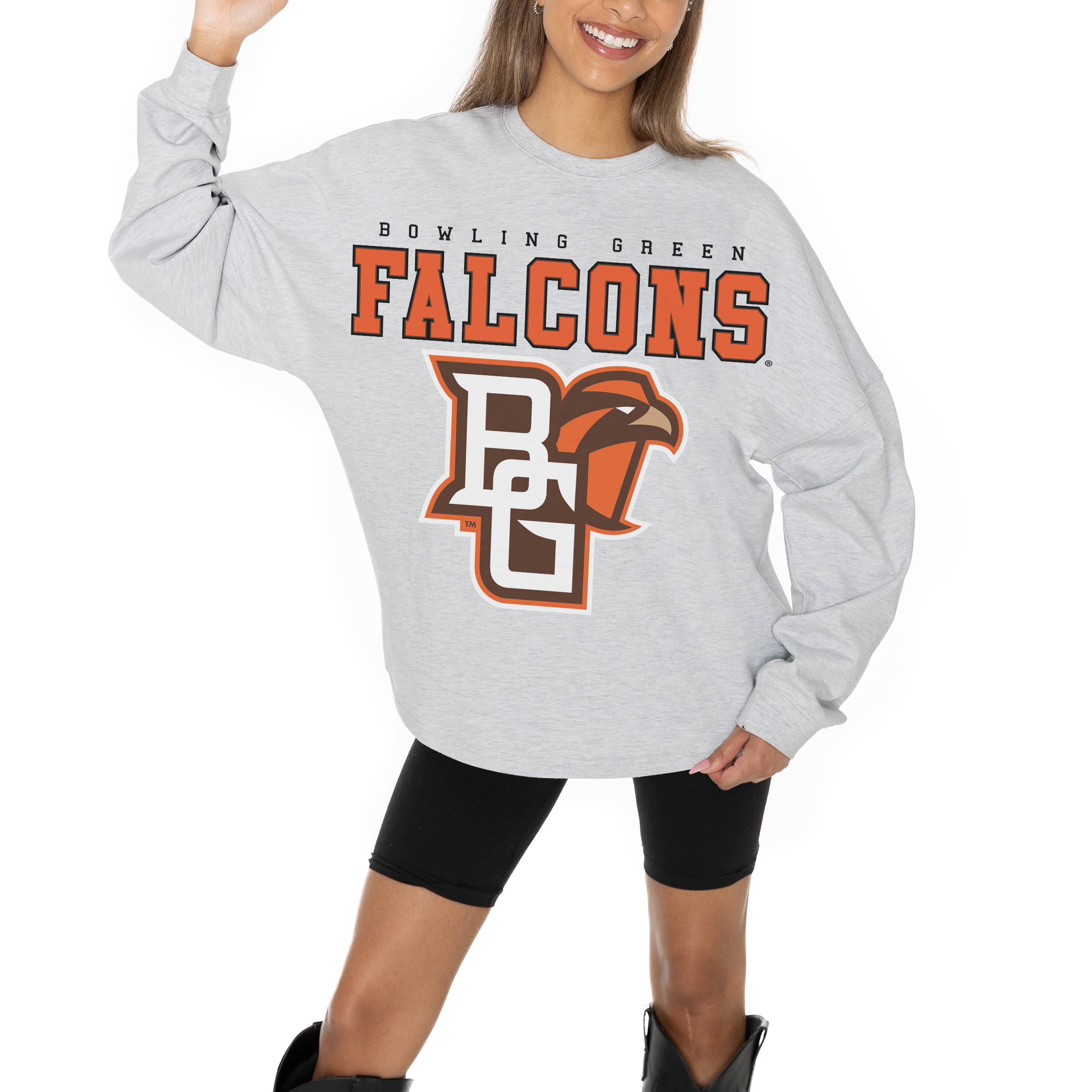 Women's Gameday Couture Ash Bowling Green St. Falcons Big Goals Relaxed Fit French Terry Pullover Sweatshirt - Image 3