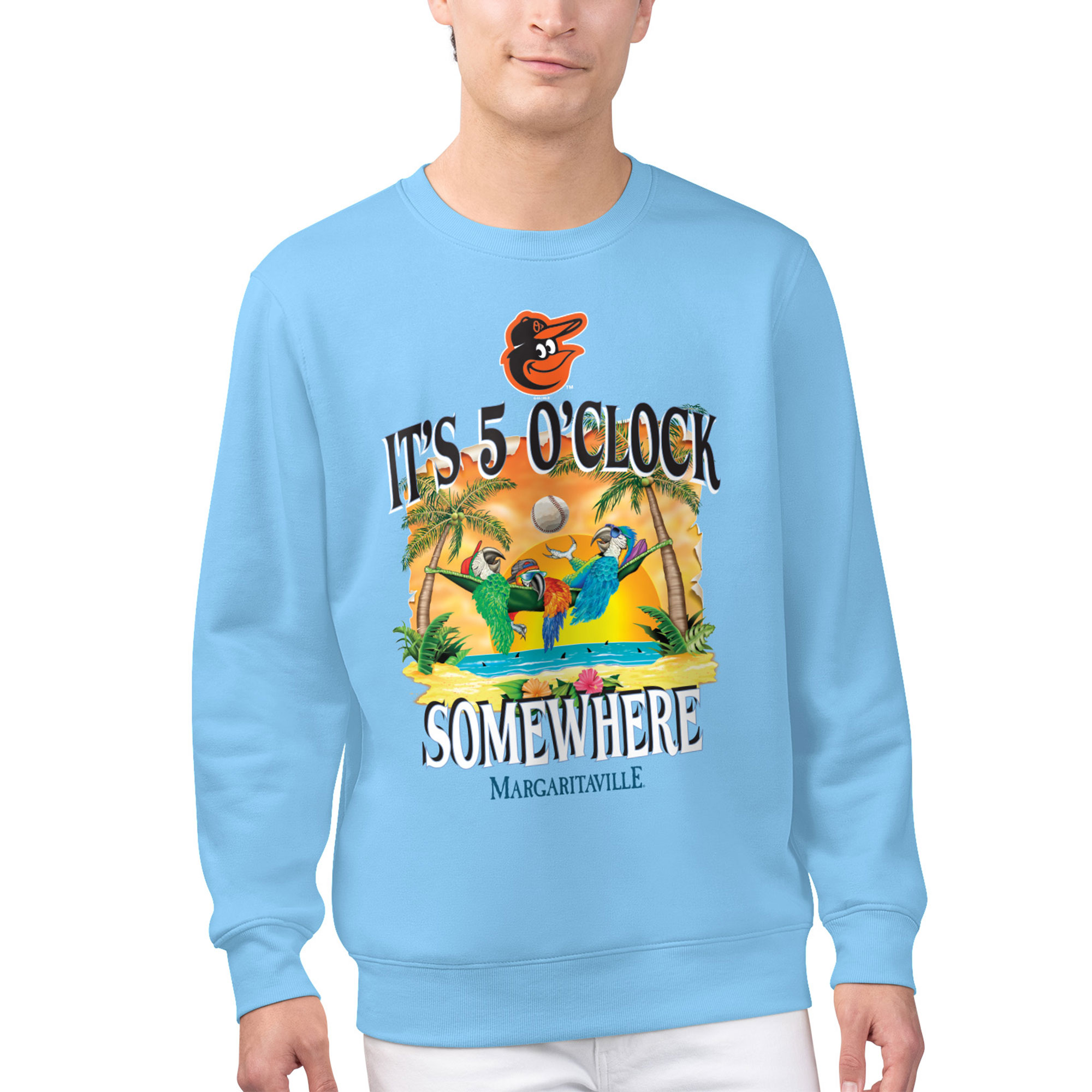 Men's Margaritaville Light Blue Baltimore Orioles Five O'Clock Graphic Pullover Sweatshirt - Image 4