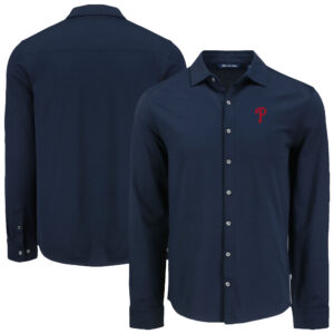 Men's Cutter & Buck Navy Philadelphia Phillies Knitted Advantage Tri-Blend Eco Soft Pique Long Sleeve Button-Up Shirt