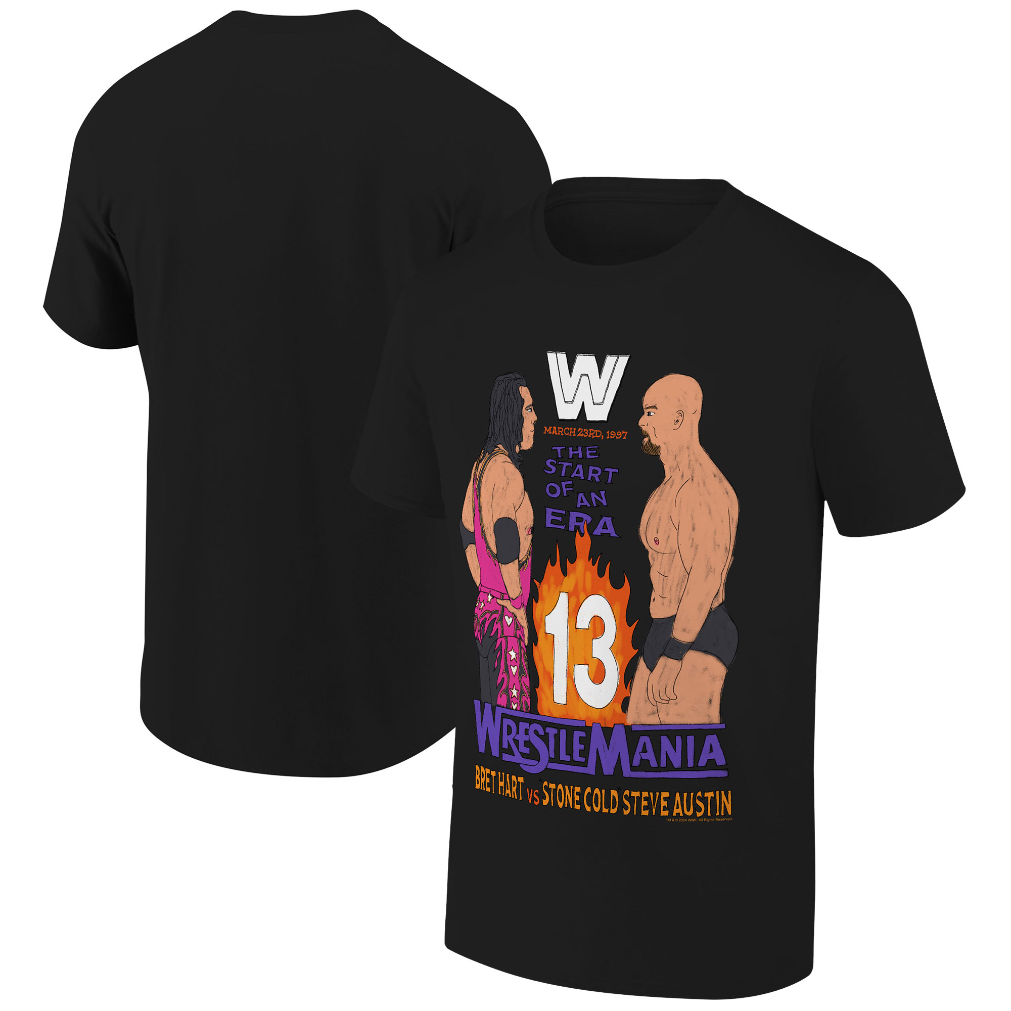 Men's Ripple Junction Black WrestleMania 13 Bret "The Hitman" Hart vs "Stone Cold" Steve Austin Illustration T-Shirt