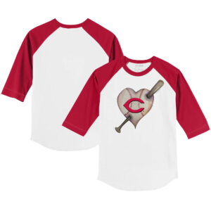 Toddler Tiny Turnip White/Red Cincinnati Reds Heart Bat 3/4-Sleeve Raglan T-Shirt