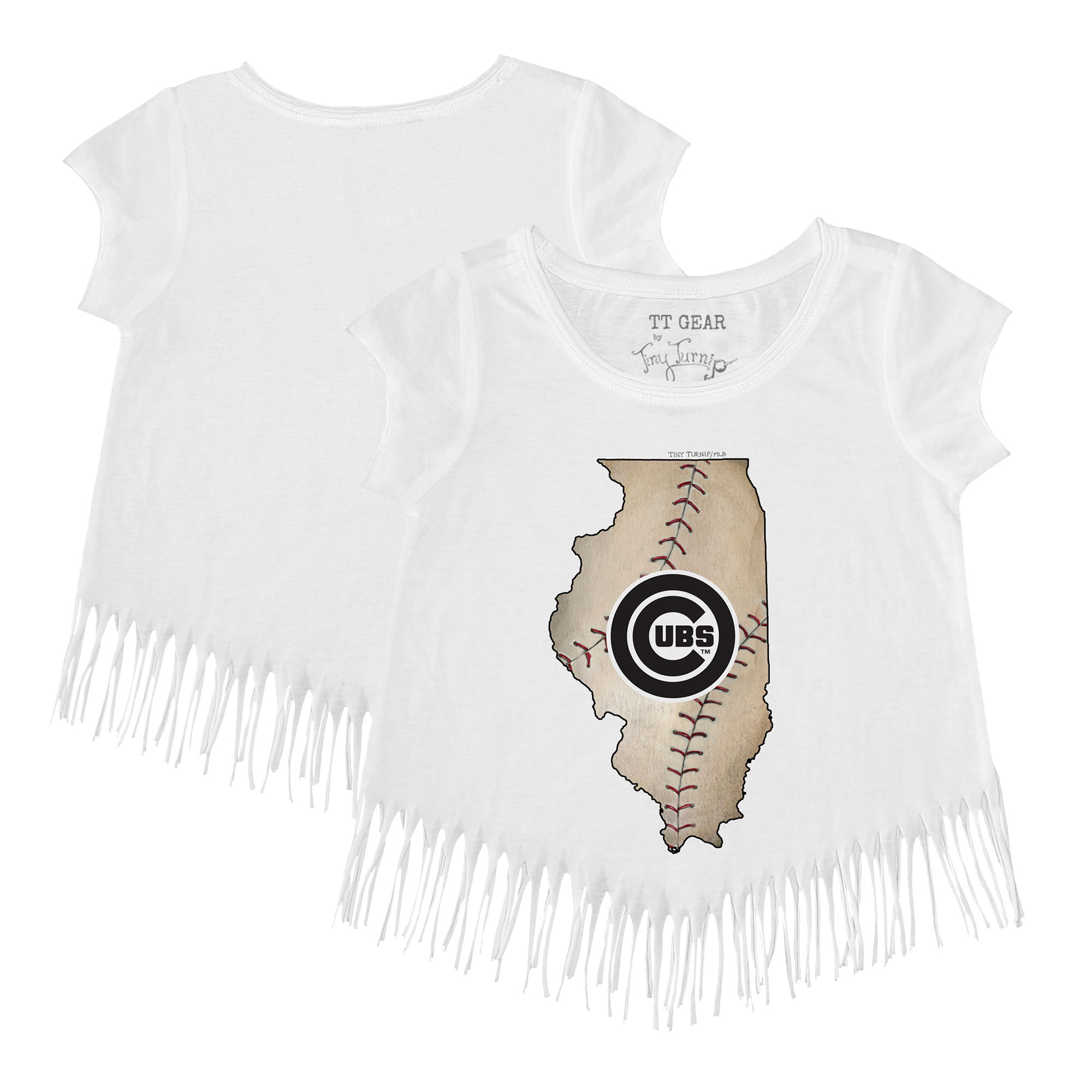 Girls Toddler Tiny Turnip White Chicago Cubs State Outline Fringe T-Shirt