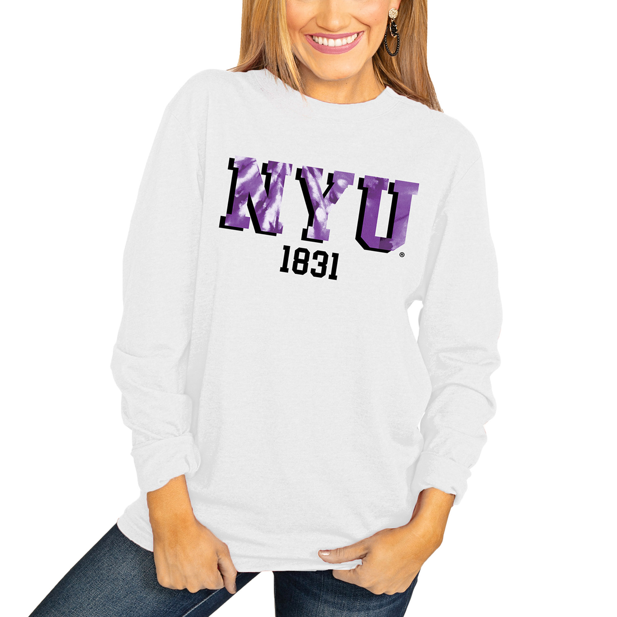 Women's White NYU Violets No Time to Tie Dye Long Sleeve T-Shirt