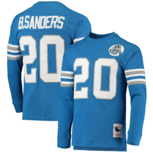 Men's Mitchell & Ness Barry Sanders Blue Detroit Lions 1993 Retired Player Name & Number Long Sleeve Top