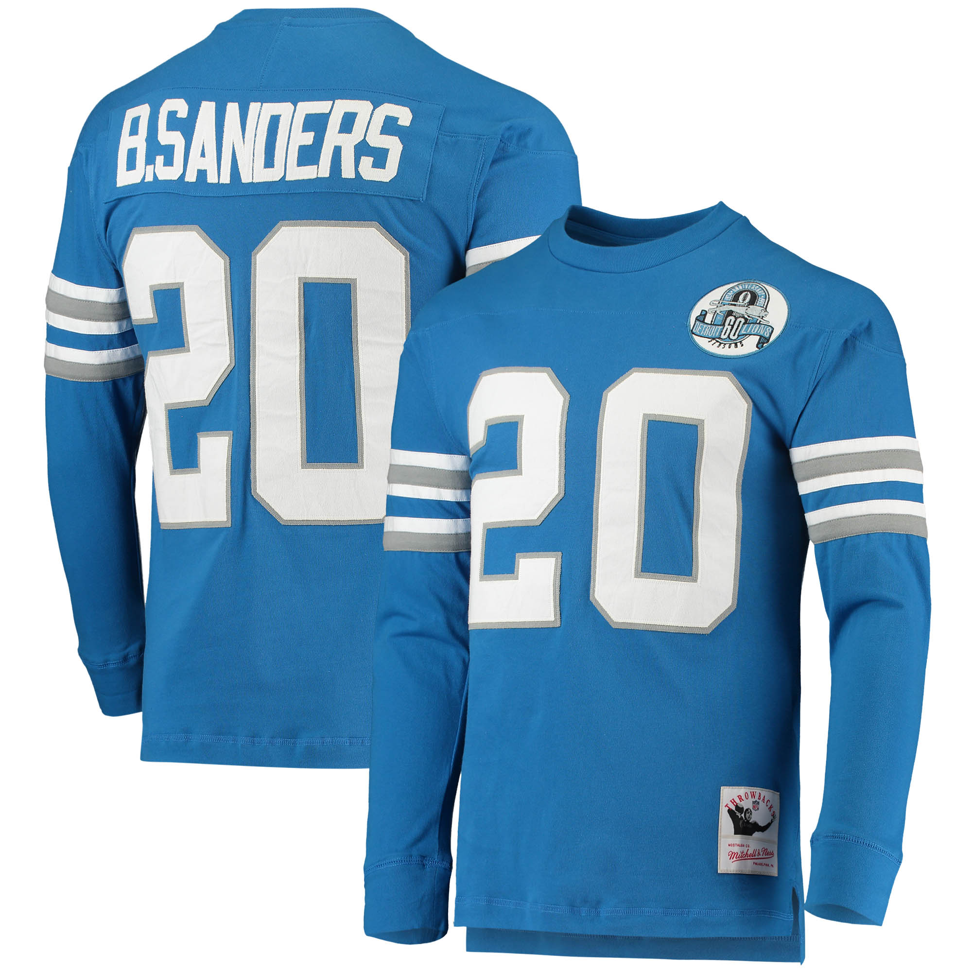 Men's Mitchell & Ness Barry Sanders Blue Detroit Lions 1993 Retired Player Name & Number Long Sleeve Top