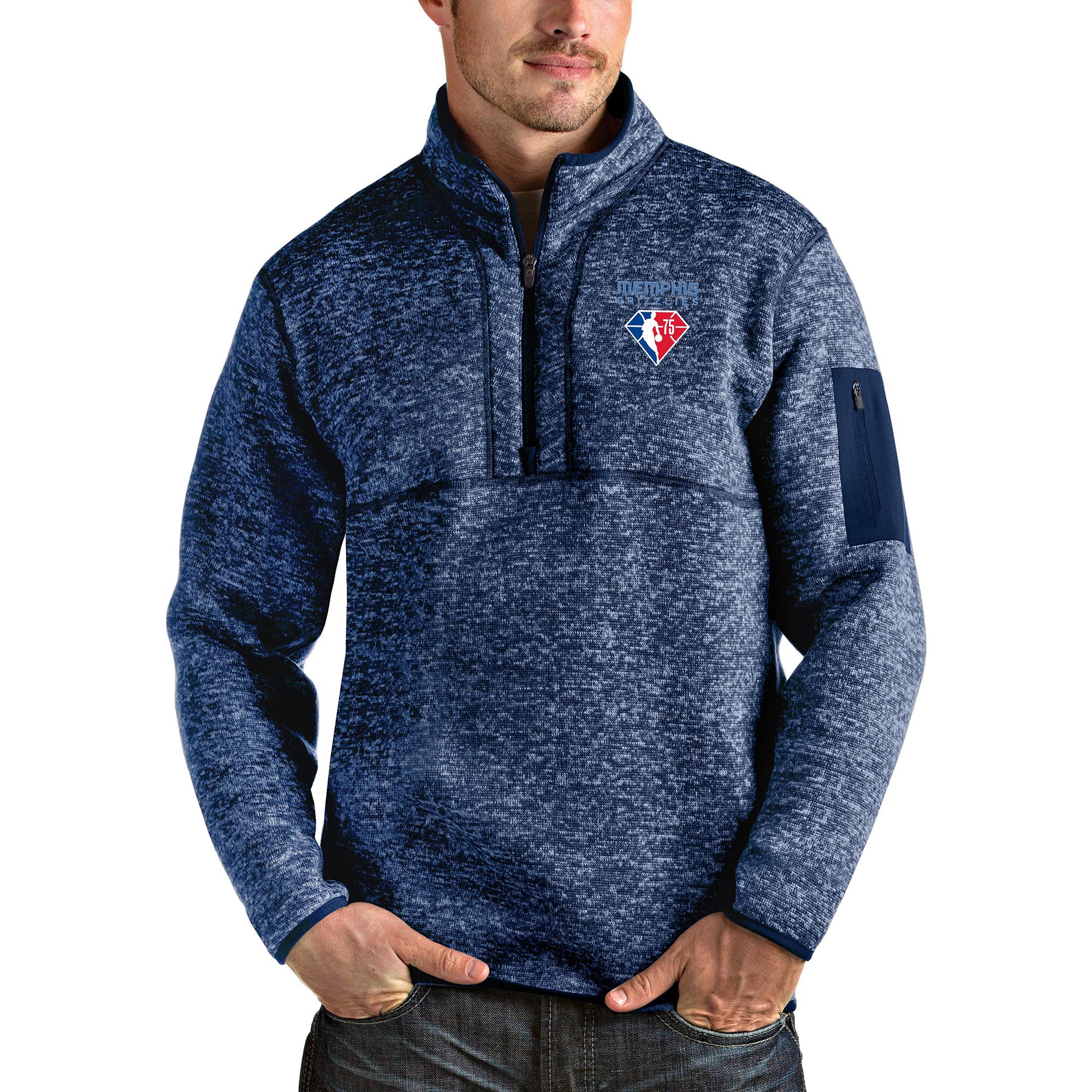 Men's Antigua Heathered Navy Memphis Grizzlies NBA 75th Anniversary Fortune Quarter-Zip Pullover Jacket
