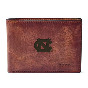 Men's Fossil Brown North Carolina Tar Heels Derrick Front Pocket Leather Bi-Fold Wallet