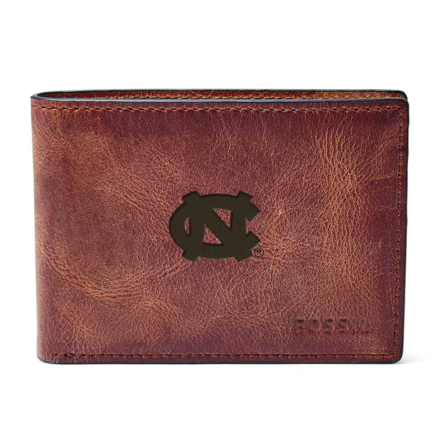 Men's Fossil Brown North Carolina Tar Heels Derrick Front Pocket Leather Bi-Fold Wallet