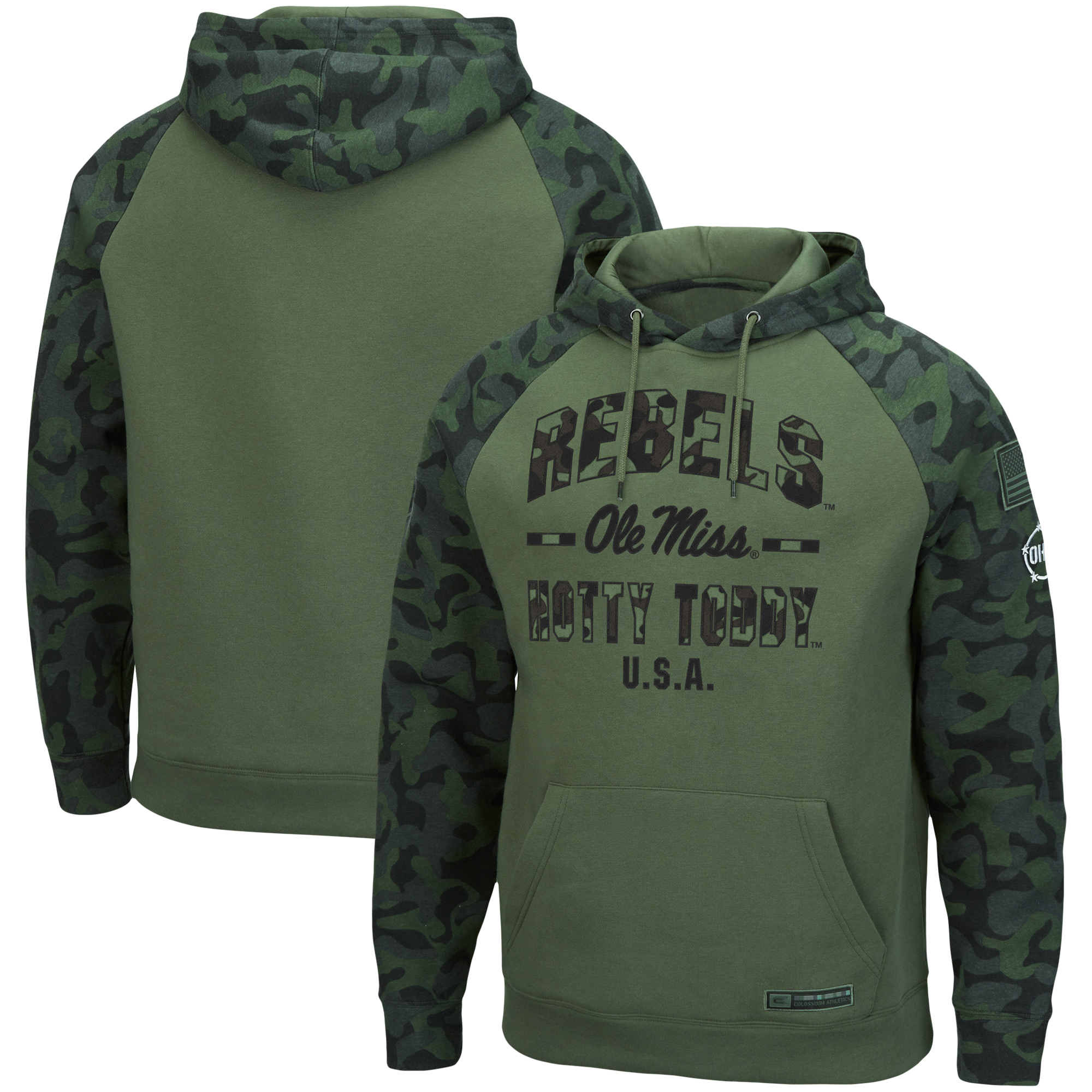 Men's Colosseum Olive/Camo Ole Miss Rebels OHT Military Appreciation Raglan Pullover Hoodie - Image 5