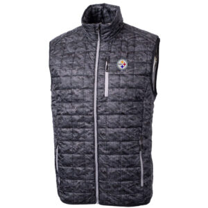 Men's Cutter & Buck Black Pittsburgh Steelers Rainier Printed Full-Zip Puffer Vest