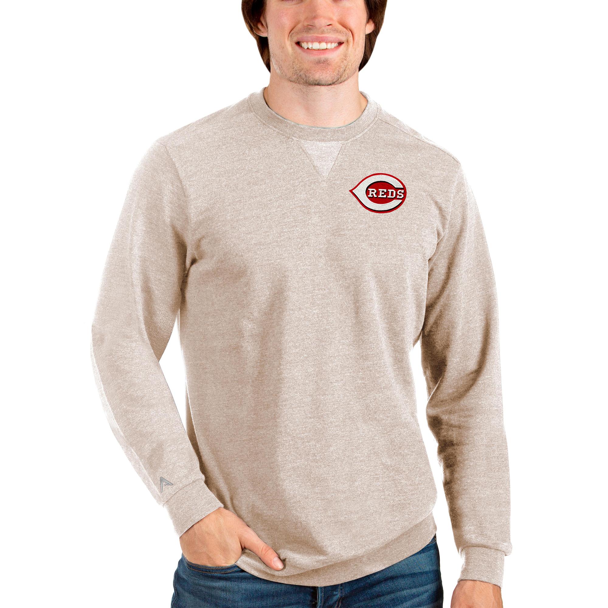 Men's Antigua Oatmeal Cincinnati Reds Reward Crewneck Pullover Sweatshirt