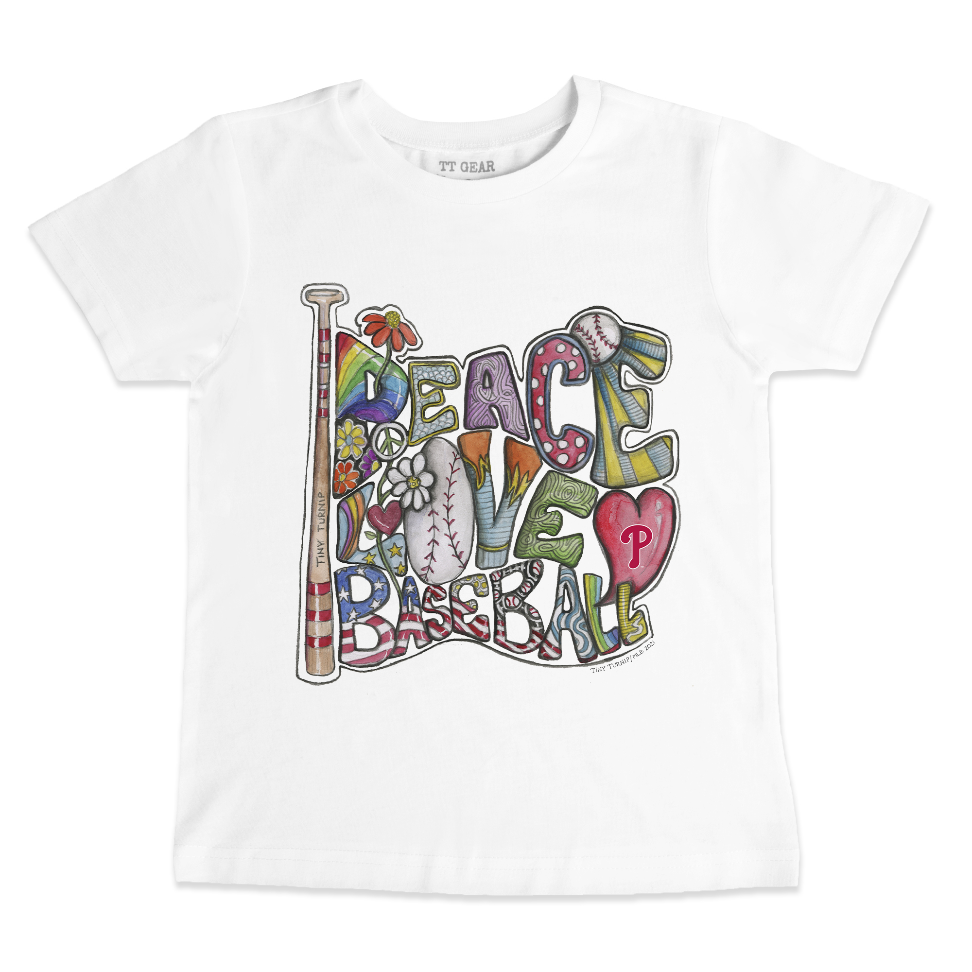 Toddler Tiny Turnip White Philadelphia Phillies Peace Love Baseball T-Shirt
