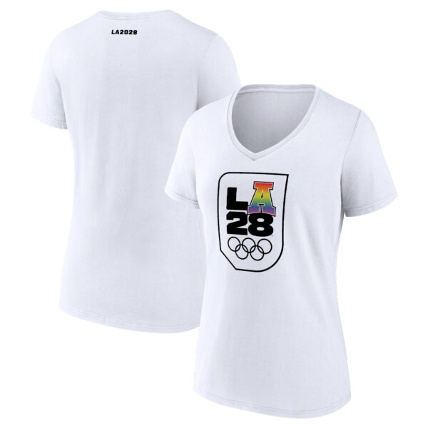 Women's White LA 2028 Summer Olympics Pride V-Neck T-Shirt - Image 5