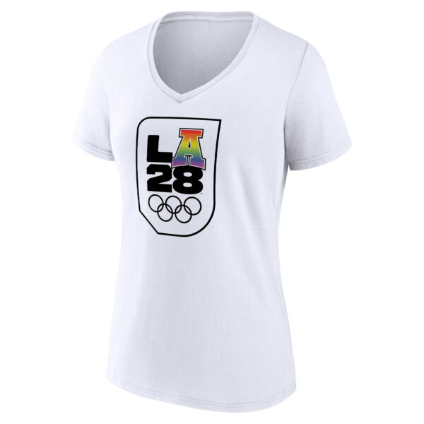 Women's White LA 2028 Summer Olympics Pride V-Neck T-Shirt - Image 6