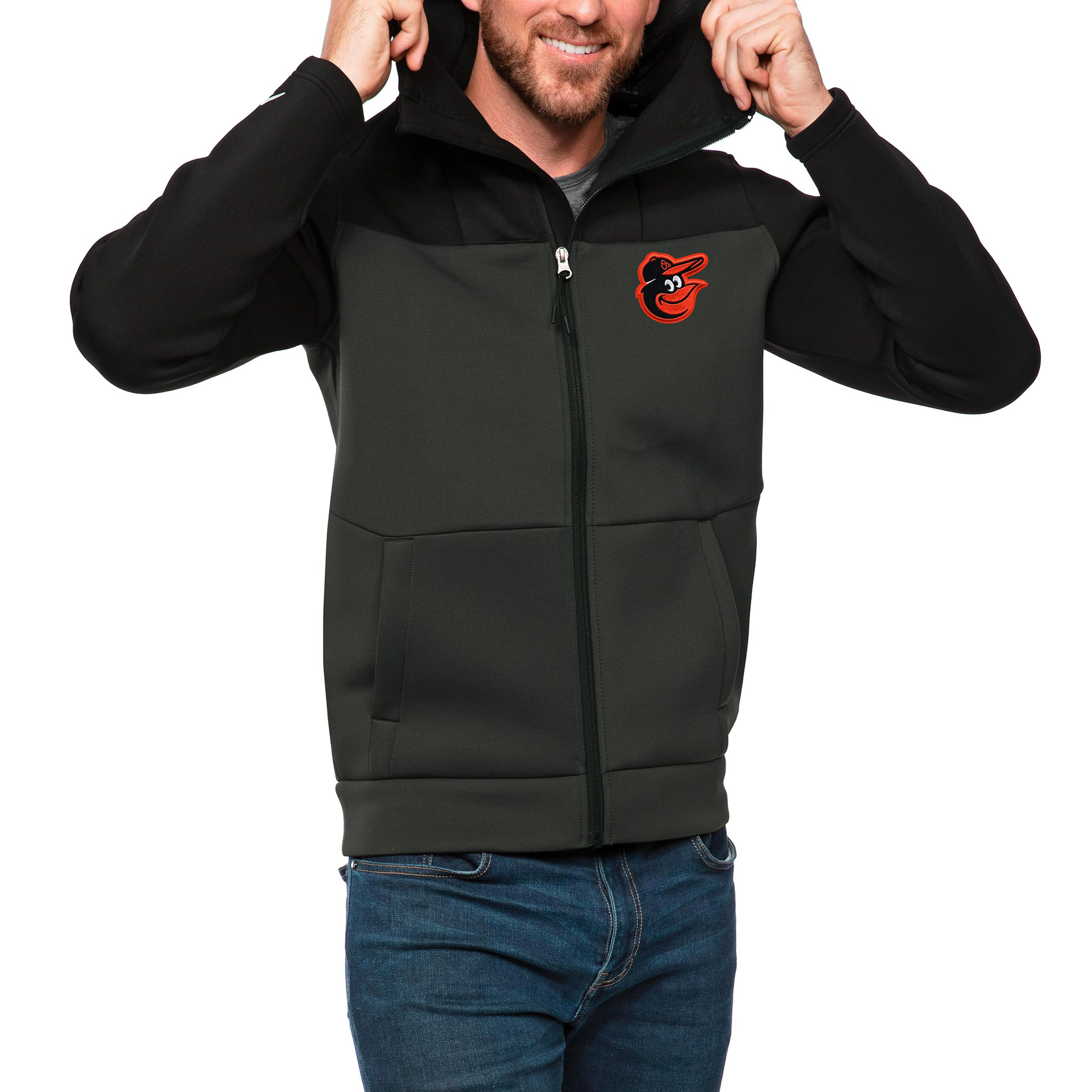 Men's Antigua Black/Charcoal Baltimore Orioles Protect Full-Zip Hoodie
