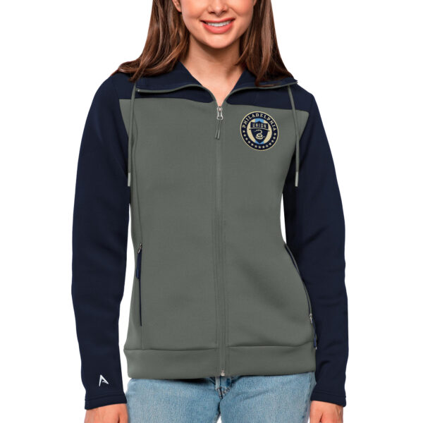 Women's Antigua Navy/Steel Philadelphia Union Protect Full-Zip Hoodie