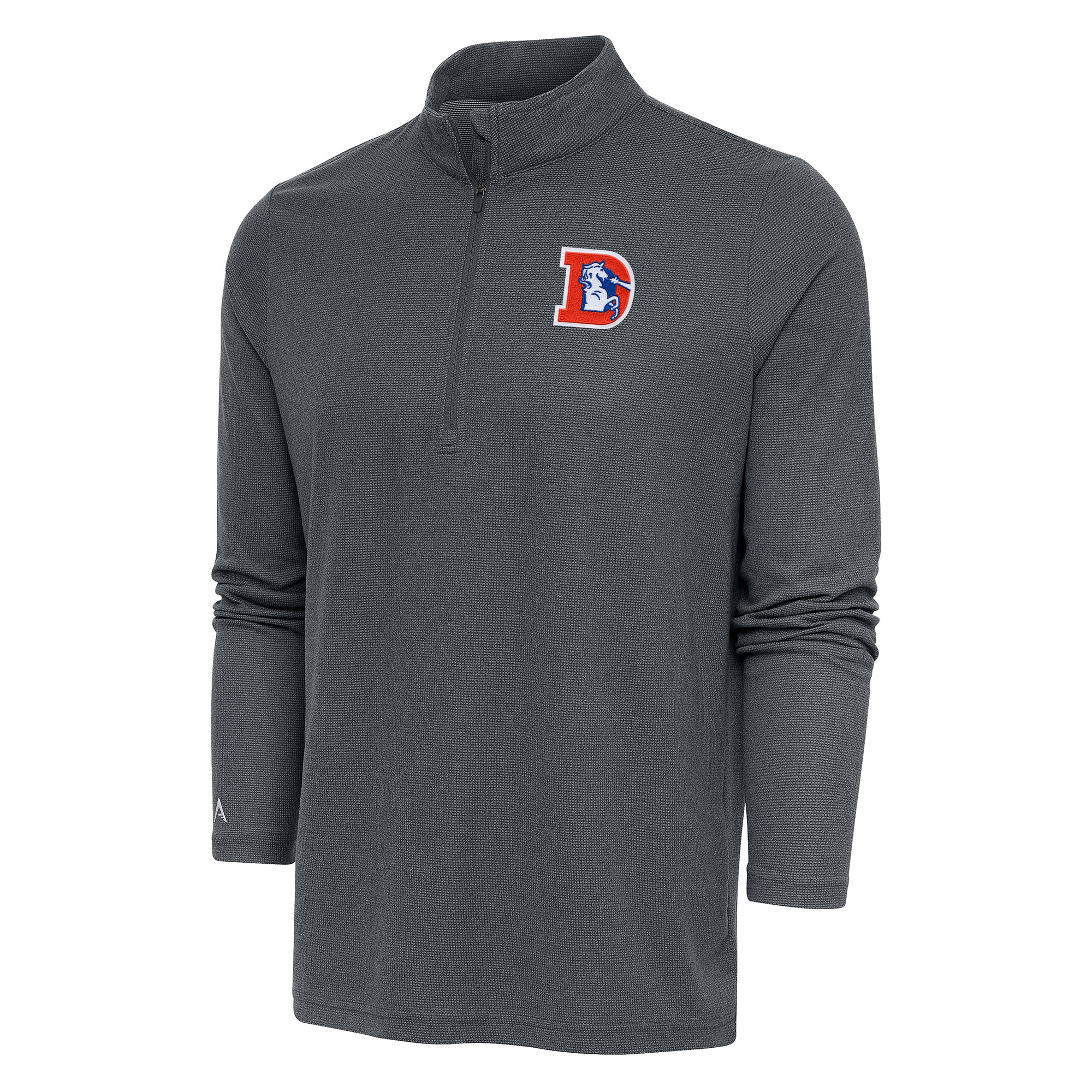Men's Antigua Heather Charcoal Denver Broncos Team Logo Throwback Quarter-Zip Pullover Top