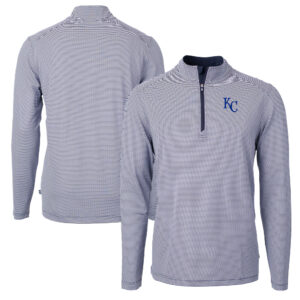 Men's Cutter & Buck Navy/White Kansas City Royals Virtue Eco Pique Micro Stripe Recycled Quarter-Zip Pullover Top